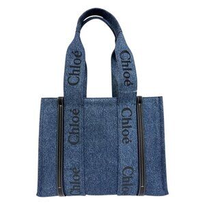 Chloé Woody Medium Tote Denim Blue Black Logo Embroidered Leather Trim